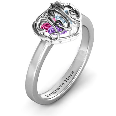 2015 Petite Caged Hearts Ring with Classic with Engravings Band - All Birthstone™