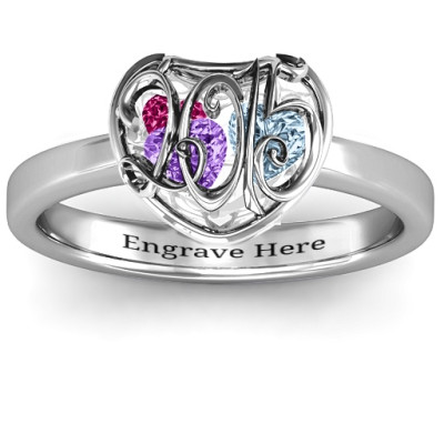 2015 Petite Caged Hearts Ring with Classic with Engravings Band - All Birthstone™