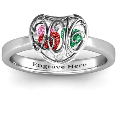 2016 Petite Caged Hearts Ring with Classic with Engravings Band - All Birthstone™