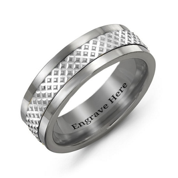 Sterling Silver Men's Tungsten Mesh Inlay Band Ring - All Birthstone™