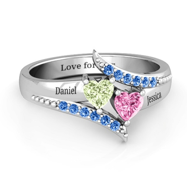 Diagonal Dream Ring With Heart Stones  - All Birthstone™