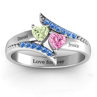 Diagonal Dream Ring With Heart Stones  - All Birthstone™
