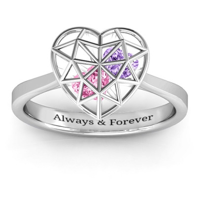 Diamond Heart Cage Ring With Encased Heart Stones  - All Birthstone™
