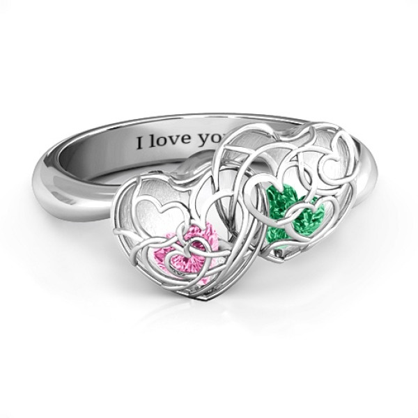 Double Heart Cage Ring with 1-6 Heart Shaped Birthstones  - All Birthstone™