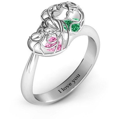 Double Heart Cage Ring with 1-6 Heart Shaped Birthstones  - All Birthstone™