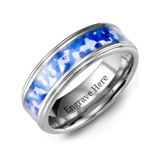 Grooved Tungsten Ring with Royal Blue Camouflage Insert - All Birthstone™
