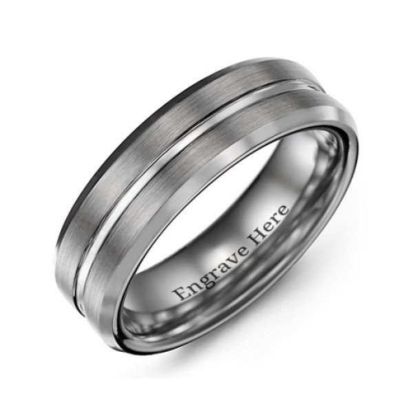 Men's Brushed Grooved Centre Beveled Tungsten Ring - All Birthstone™