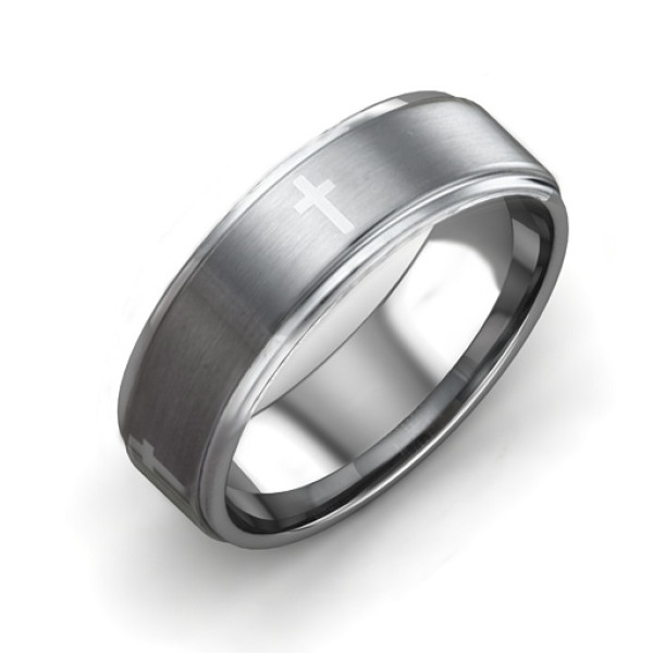 Men's Cross and Brushed Centre Tungsten Ring - All Birthstone™