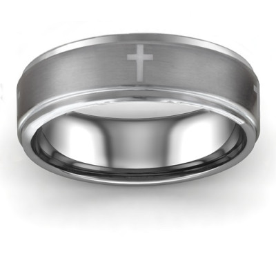 Men's Cross and Brushed Centre Tungsten Ring - All Birthstone™