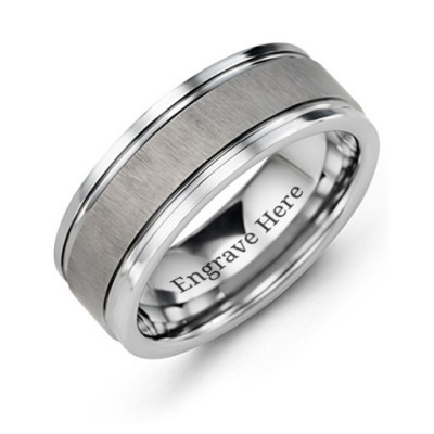 Men's Grooved Tungsten Ring with Brushed Centre - All Birthstone™