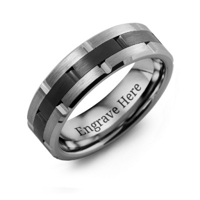 Men's Tungsten & Ceramic Grooved Brushed Ring - All Birthstone™