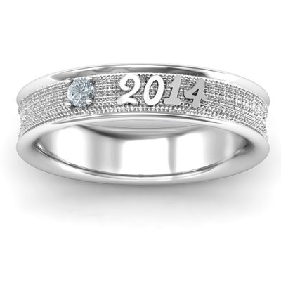 Sterling Silver 2014 Unisex Textured Graduation Ring with Emerald Stone  - All Birthstone™