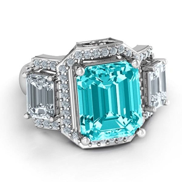 Sterling Silver Emerald Cut Trinity Ring with Triple Halo - All Birthstone™