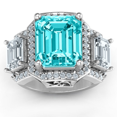 Sterling Silver Emerald Cut Trinity Ring with Triple Halo - All Birthstone™