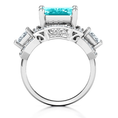Sterling Silver Emerald Cut Trinity Ring with Triple Halo - All Birthstone™