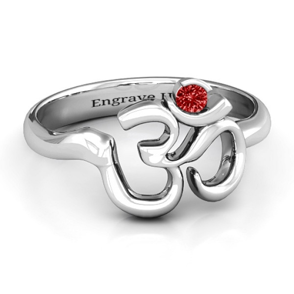 Sterling Silver Om - Sound of Universe Ring with Round Stone  - All Birthstone™
