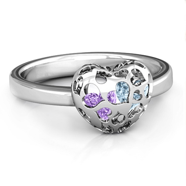 Sterling Silver Petite Caged Hearts Ring with 1-3 Stones  - All Birthstone™