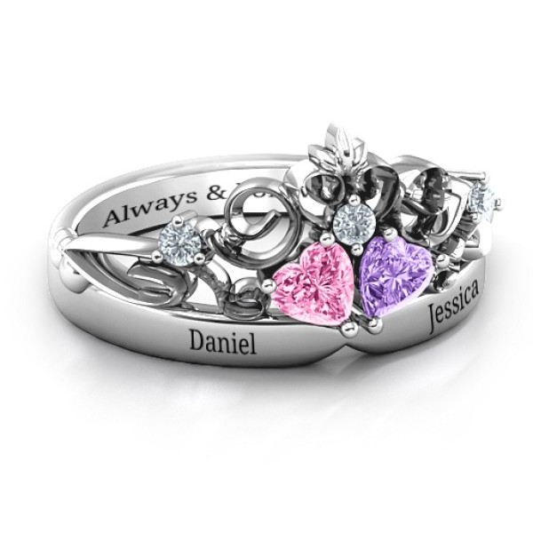 Sterling Silver Royal Romance Double Heart Tiara Ring with Engravings - All Birthstone™