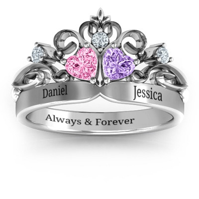 Sterling Silver Royal Romance Double Heart Tiara Ring with Engravings - All Birthstone™