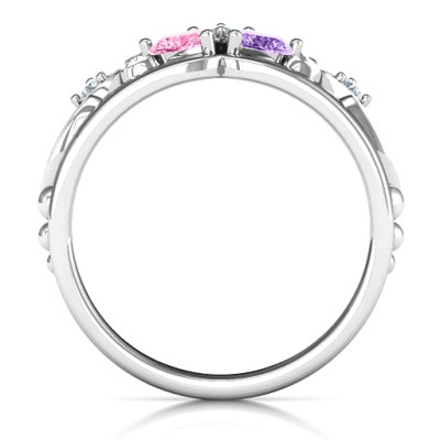 Sterling Silver Royal Romance Double Heart Tiara Ring with Engravings - All Birthstone™