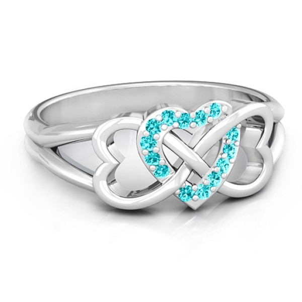 Sterling Silver Triple Heart Infinity Ring with Mint Swarovski Zirconia Stones  - All Birthstone™