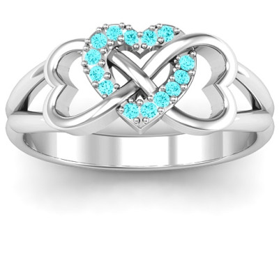 Sterling Silver Triple Heart Infinity Ring with Mint Swarovski Zirconia Stones  - All Birthstone™