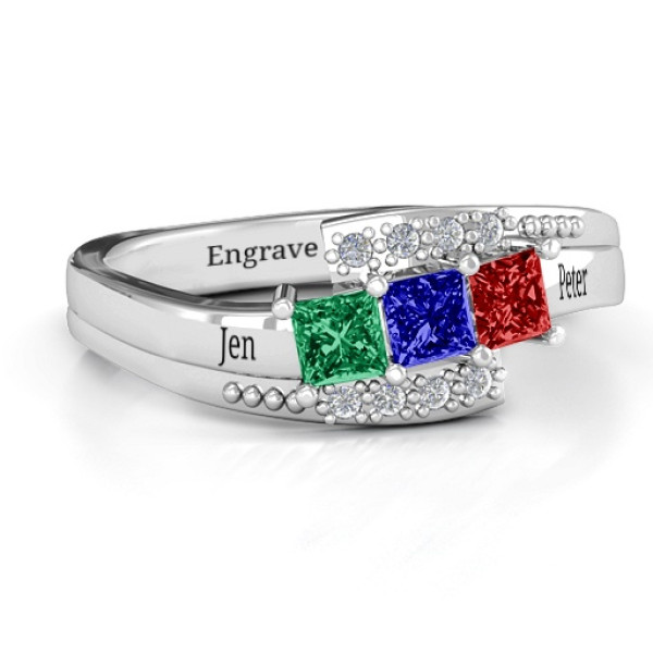 Sterling Silver Triple Princess Stone Ring with Accents  - All Birthstone™