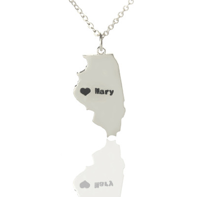 Personalised Illinois State Shaped Necklaces With Heart  Name Silver - All Birthstone™