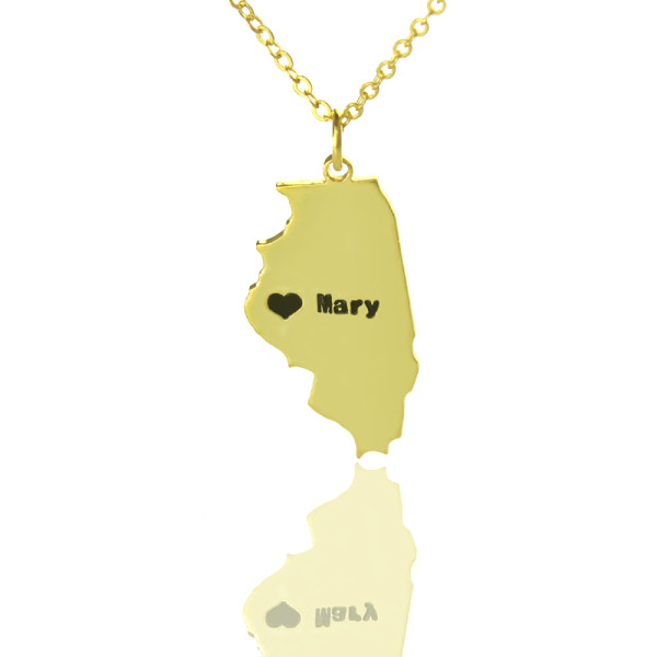 Custom Illinois State Shaped Necklaces With Heart  Name Gold Plated - All Birthstone™