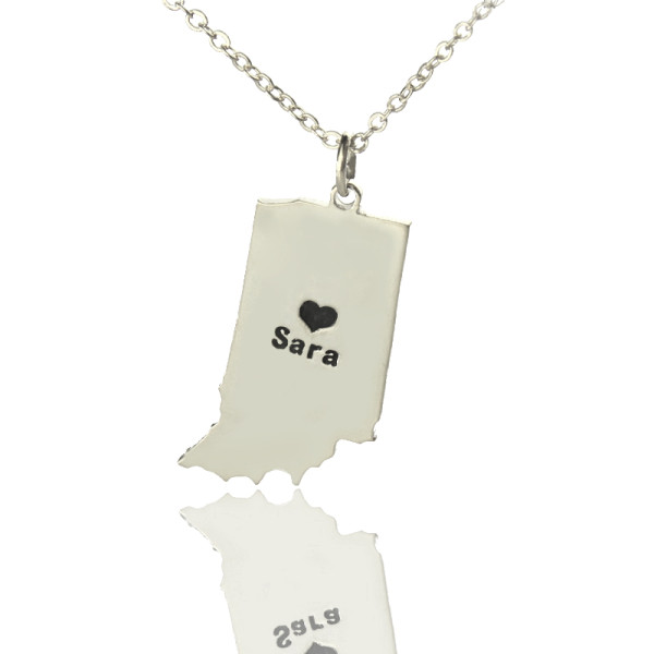 Custom Indiana State Shaped Necklaces With Heart  Name Silver - All Birthstone™