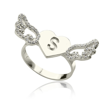 Heart Angel Wings Ring Engraved Initial  Birthstone Sterling Silver  - All Birthstone™
