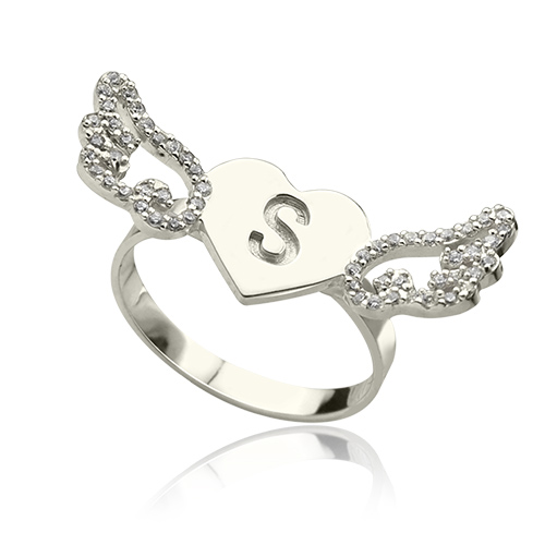 Heart Angel Wings Ring Engraved Initial Birthstone Sterling Silver ...