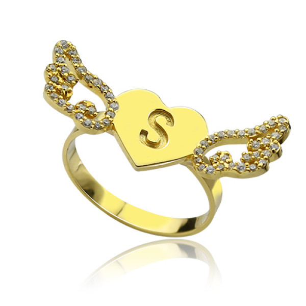 Angel Wings Heart Ring with Birthstone  Initial 18ct Gold Plated  - All Birthstone™