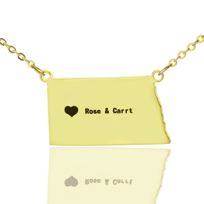 Personalised ND State USA Map Necklace With Heart  Name Gold Plated - All Birthstone™