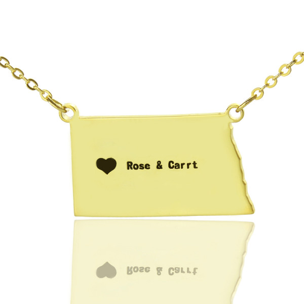 Personalised ND State USA Map Necklace With Heart  Name Gold Plated - All Birthstone™