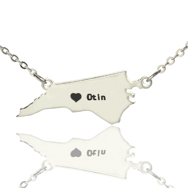 Personalised NC State USA Map Necklace With Heart  Name Silver - All Birthstone™