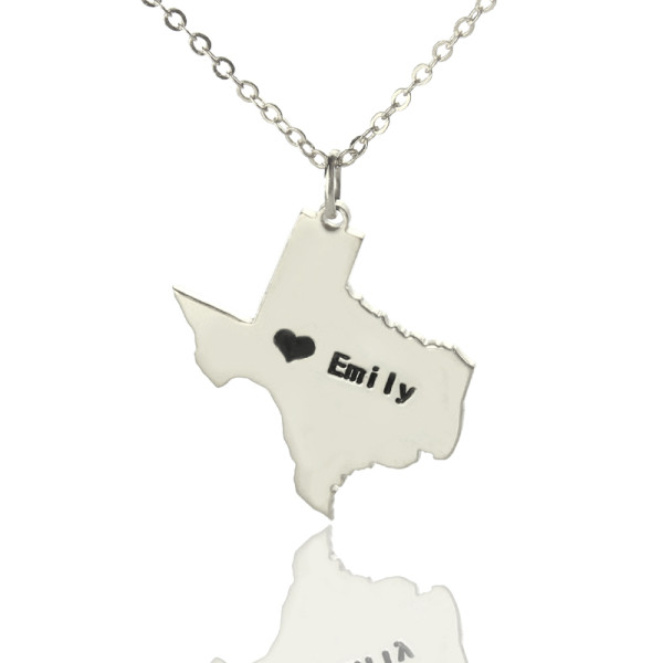 Texas State USA Map Necklace With Heart  Name Silver - All Birthstone™