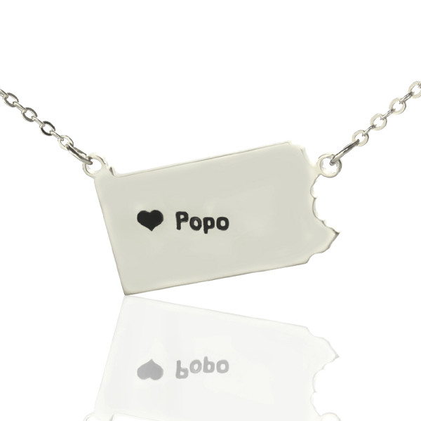 Personalised Pennsylvania State USA Map Necklace With Heart  Name Silver - All Birthstone™