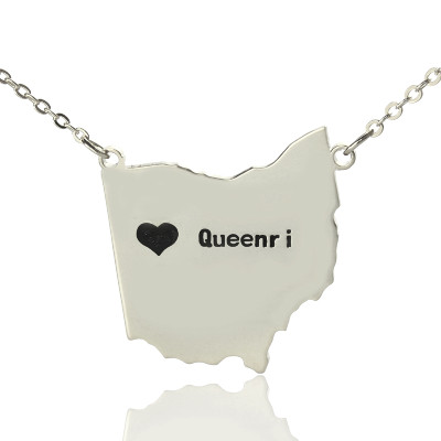 Custom Ohio State USA Map Necklace With Heart  Name Silver - All Birthstone™