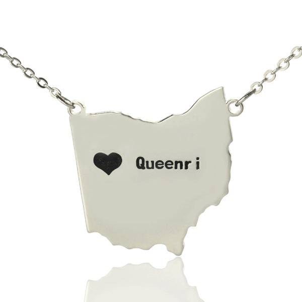 Custom Ohio State USA Map Necklace With Heart  Name Silver - All Birthstone™