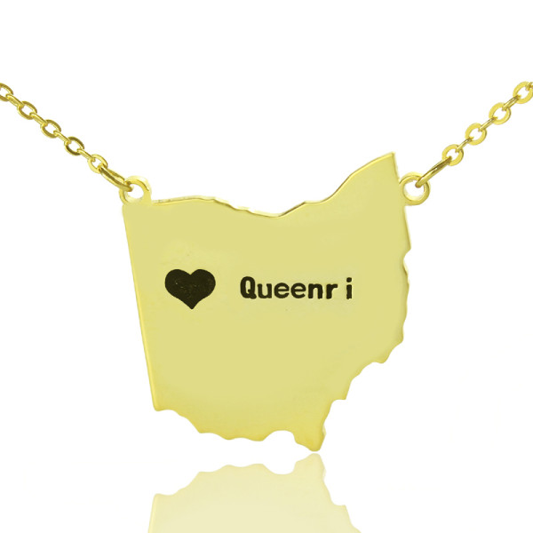 Custom Ohio State USA Map Necklace With Heart  Name Gold Plated - All Birthstone™
