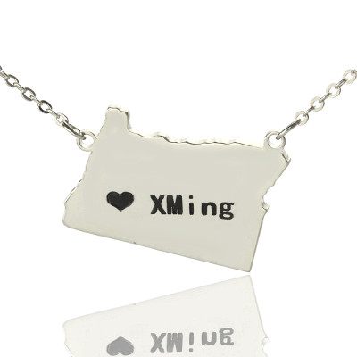 Custom Oregon State USA Map Necklace With Heart  Name Silver - All Birthstone™
