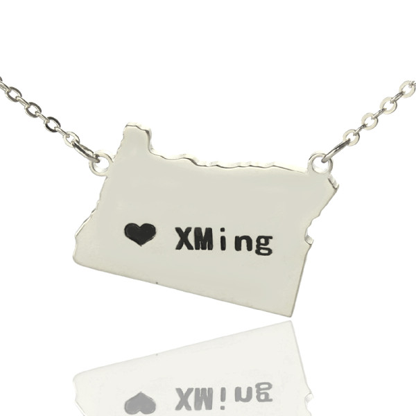 Custom Oregon State USA Map Necklace With Heart  Name Silver - All Birthstone™