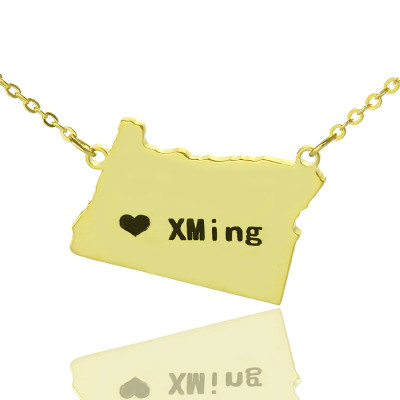 Custom Oregon State USA Map Necklace With Heart  Name Gold Plated - All Birthstone™