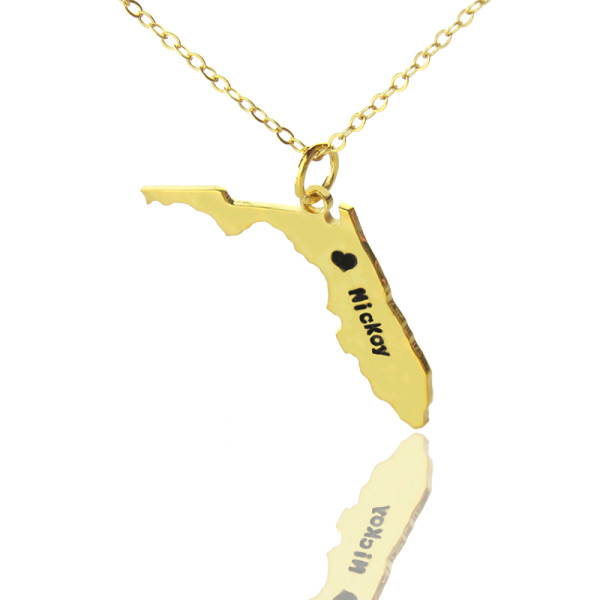 Custom Florida State USA Map Necklace With Heart  Name Gold Plated - All Birthstone™