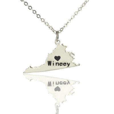 Virginia State USA Map Necklace With Heart  Name Silver - All Birthstone™