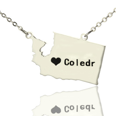 Washington State USA Map Necklace With Heart  Name Silver - All Birthstone™