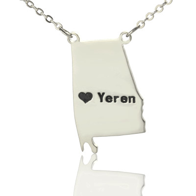 Custom Alabama State USA Map Necklace With Heart  Name Silver - All Birthstone™