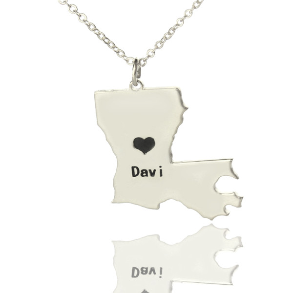 Custom Louisiana State Shaped Necklaces With Heart  Name Silver - All Birthstone™