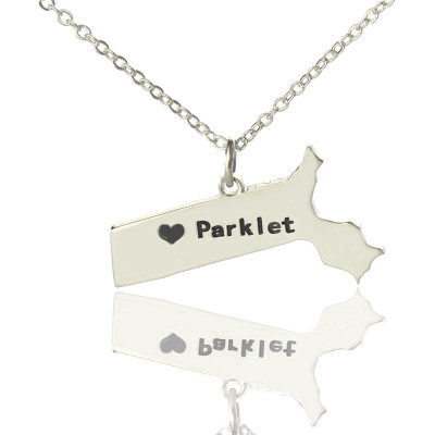 Massachusetts State Shaped Necklaces With Heart  Name Silver - All Birthstone™